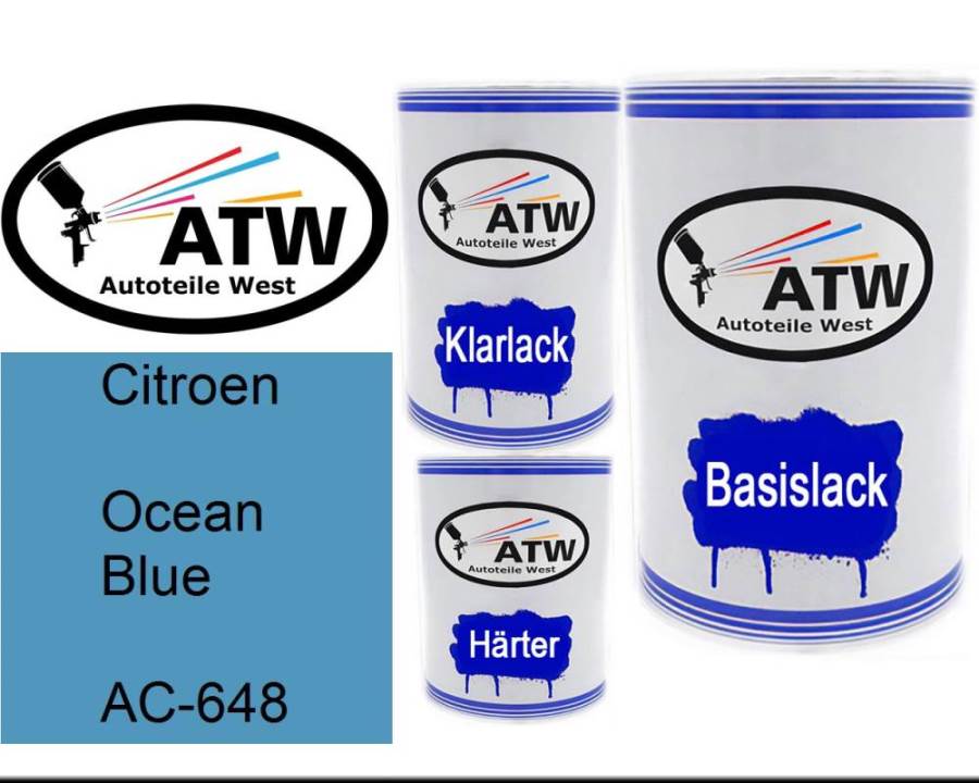 Citroen, Ocean Blue, AC-648: 500ml Lackdose + 500ml Klarlack + 250ml Härter - Set, von ATW Autoteile West.